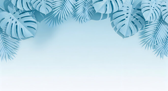 Top border frame made of tropical monstera leaves in pastel blue tones with an empty space for your custom text