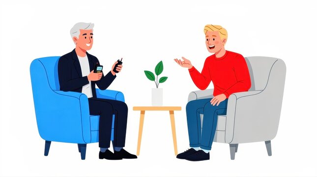 Man interviewing another person while sitting in armchairs. Journalist recording a guest in a comfortable indoor setting. Communication concept for media production and social networking.