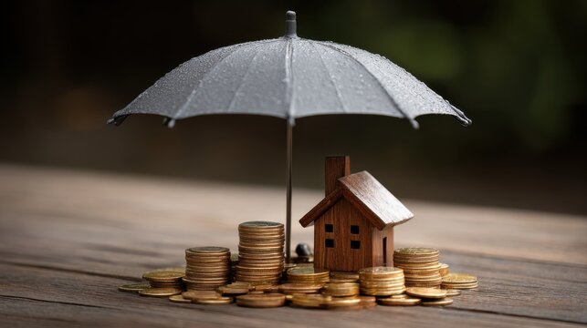 Model of umbrella with house and coins on wooden table concept of the system of insurance savings and the cost of health insurance