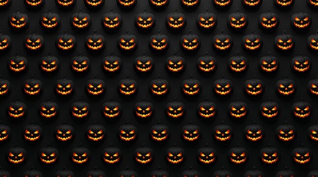Seamless pattern of glowing halloween jackolantern pumpkins