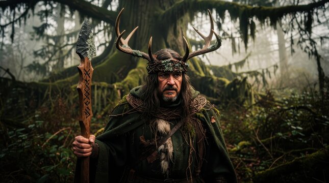 Druid shaman with antler crown holding a stone spear in a misty ancient forest. Shamanistic figure dressed in rustic robes and vines standing amidst mossy trees. Pagan mythology and fantasy concept.