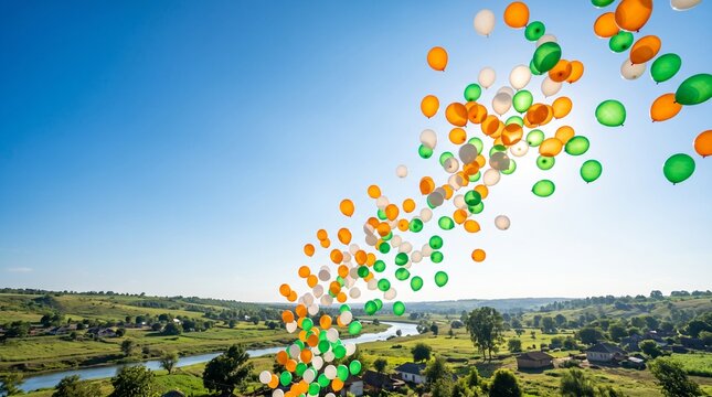 Tricolor balloons flying high in the blue sky over a scenic green landscape with a river on a sunny day during a national celebration India Independence Day