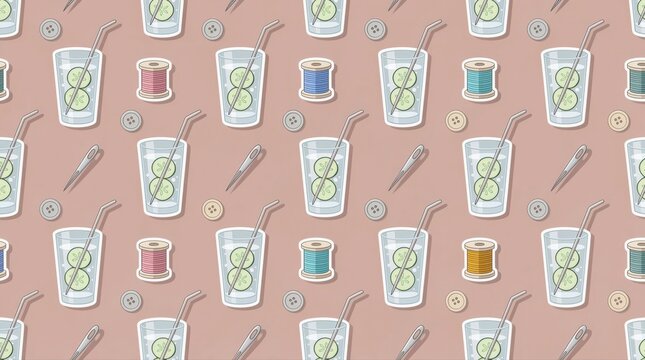 Seamless pattern with cucumber water, thread spools, and buttons. Flat sticker style illustration on a mauve background. Crafty hobby concept for textile design and creative marketing.