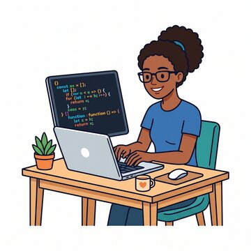 Software Developer Coding on Laptop, Flat Vector Technology Illustration
