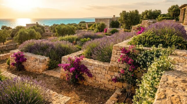 Coastal garden path at sunset.