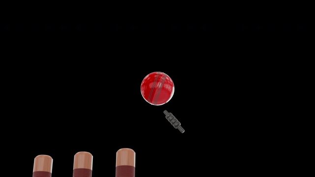 Red Shiny Cricket Ball Rotating Hits Wooden Stumps Camera Tracking Transparent Video
