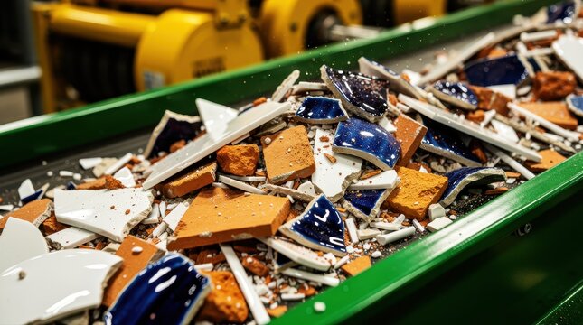 Broken ceramic tiles and pottery shards moving along an industrial conveyor belt. Fragments of blue, white, and terracotta materials processed in a waste facility. Recycling and sustainability.