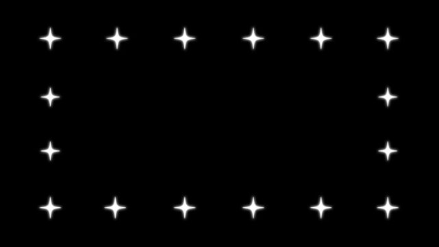 Glowing twinkle stars sparkle animation, white cartoon doodle style rectangle frame of stars, shimmering starlight glitter effect on black background, 4K loop