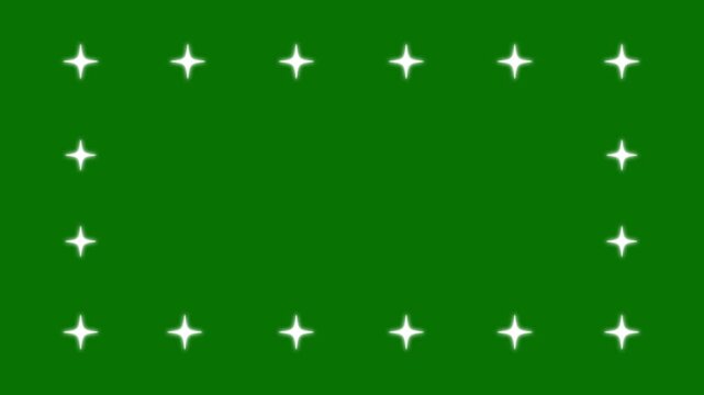 Glowing twinkle stars sparkle animation, white cartoon doodle style rectangle frame of stars, shimmering starlight glitter effect on green background, 4K loop