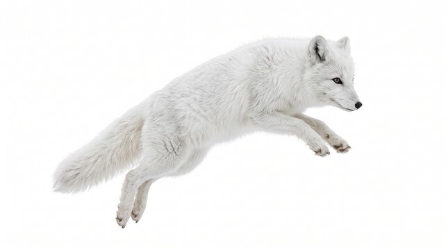 Arctic fox jumping in mid-air, wild white fox leaping during winter hunt, majestic polar animal in motion isolated PNG with Transparent Background