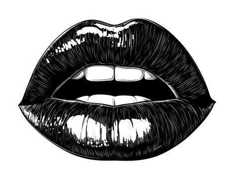 PNG Glossy black and white lips illustration with open mouth.