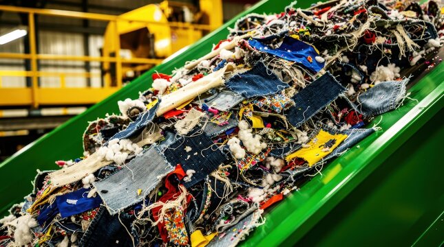 Denim and fabric scraps moving on a green industrial conveyor belt. Textile waste processed in a recycling factory. Sustainable circular economy concept for environmental and industry marketing.