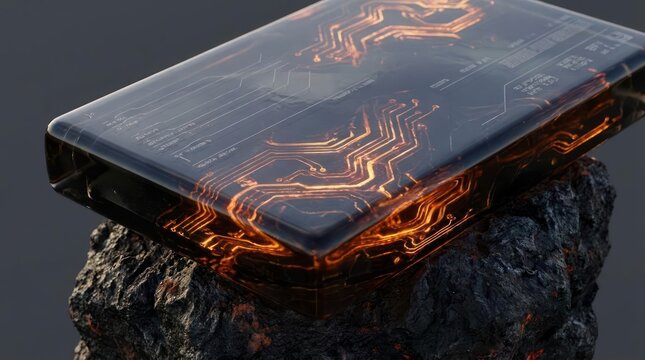 Glowing orange circuit board tablet on a dark rock