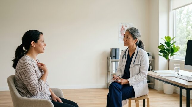Female doctor listening to patient during consultation in modern clinic office