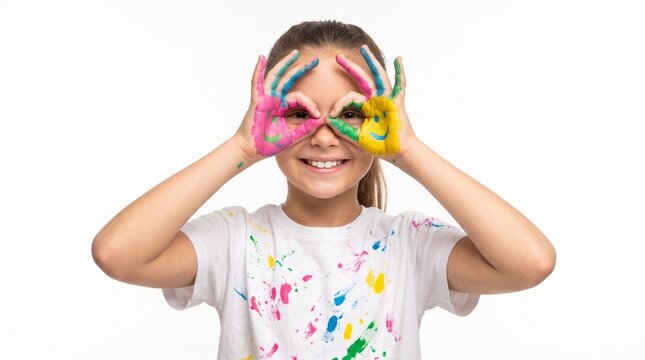 Happy girl with colorful painted hands looking through finger circles on white background