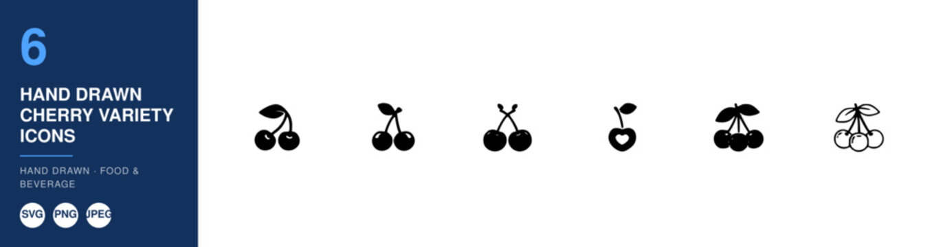 Cherry Icons Set of Hand Drawn Black Cherries on a White Background for Food Branding and Recipe Design Concept