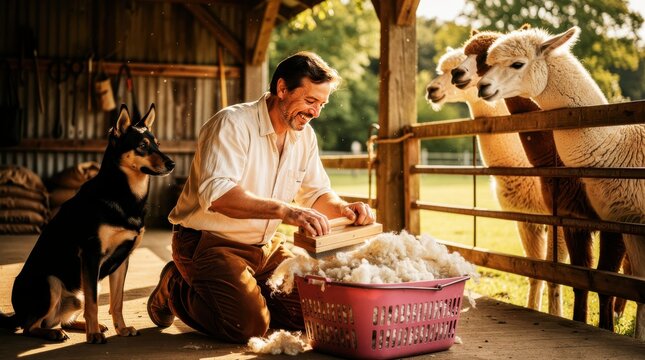 Man carding alpaca wool in a barn with a dog. Farmer cleaning raw fiber while animals watch. Sustainable farming concept for agricultural marketing.