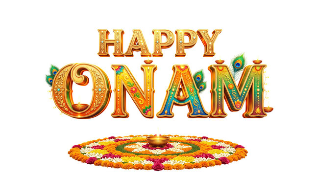 Happy onam text with floral pookalam design isolated on transparent background