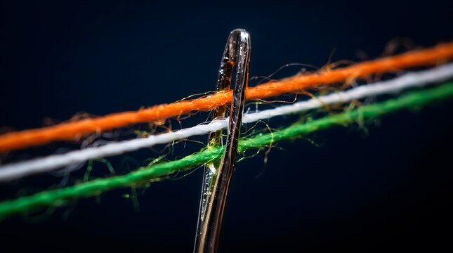 Macro close up shot featuring three colorful threads passing through a metallic sewing needle eye with green threads threaded