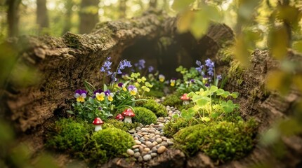 Obraz premium Miniature fairy garden inside a mossy hollow log.