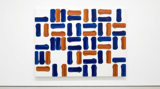 Modern abstract painting with blue and orange blocks.