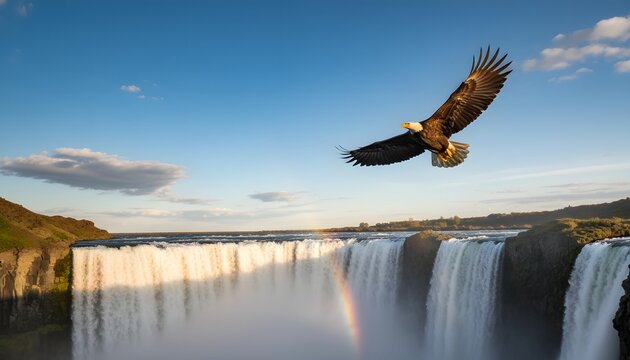 Majestic bald eagle circling soaring above dramatic waterfall with rainbow in golden hour light for freedom and leadership concept with epic scenic nature backdrop