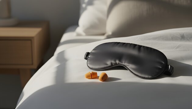 Black silk eye sleep mask and orange foam earplugs lying near a soft white pillow on a bed for a healthy sleep routine, noise cancellation and relaxation concept
