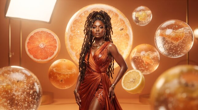 Stunning african woman with long braids posing in a warm glowing fantasy setting with floating orbs