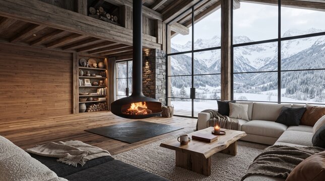 Modern luxury mountain chalet living room interior with a cozy fireplace and panoramic snowy mountain views