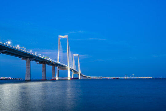 Night view of the Zhongshan Bridge, part of the Shenzhen-Zhongshan Link in Zhongshan, China.