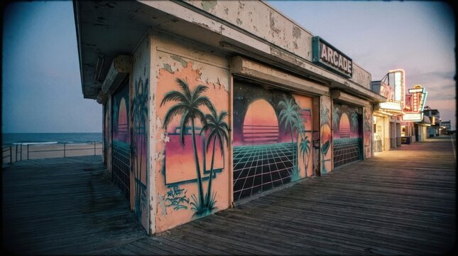 Retro synthwave arcade building on a wooden boardwalk.