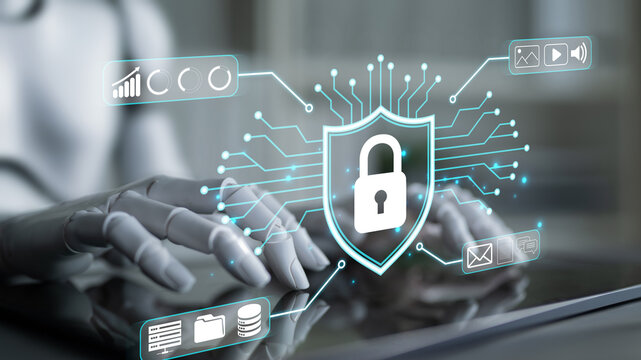 Robotic Hand Engaging with Digital Security Interface Featuring Lock Symbol and Data Icons in Modern Tech Environment. Sentient.