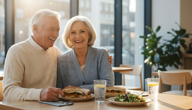 Happy smiling elderly couple having lunch in cafe while enjoying fresh healthy food together for active retirement lifestyle and senior companionship concept