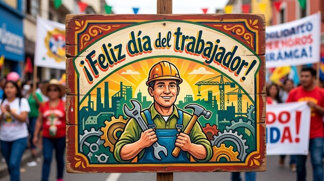 Feliz Dia del Trabajador wooden sign, illustrated construction worker with tools, Labor Day parade background, vibrant street festival celebration