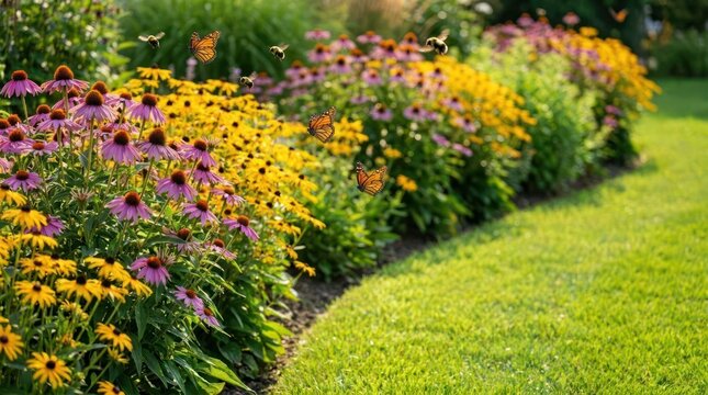 Vibrant flower garden border with purple and yellow coneflowers.