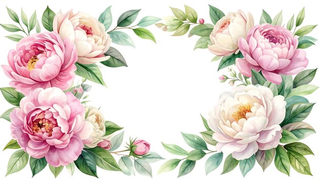Marco floral de peon&iacute;as rosas y blancas con hojas verdes sobre fondo blanco y espacio central para texto