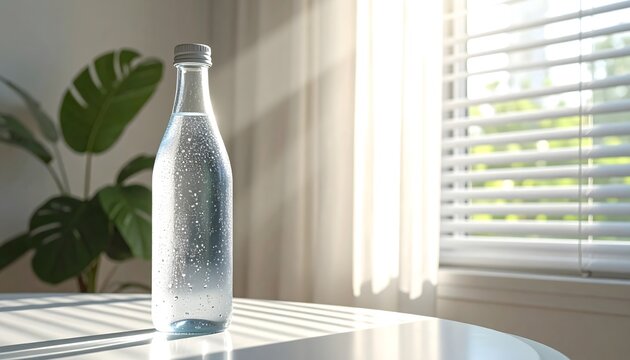 Botella de agua con gotas de condensaci&oacute;n sobre una mesa junto a una ventana con persianas y planta de interior