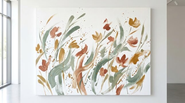 Abstract floral painting on white gallery wall.