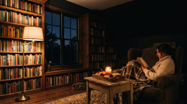 Woman reading book in cozy home library at night sitting in armchair with blanket and floor lamp for hygge lifestyle and wellness
