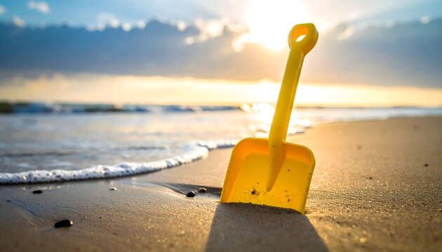 Pala amarilla de juguete clavada en la arena de una playa junto al mar al atardecer