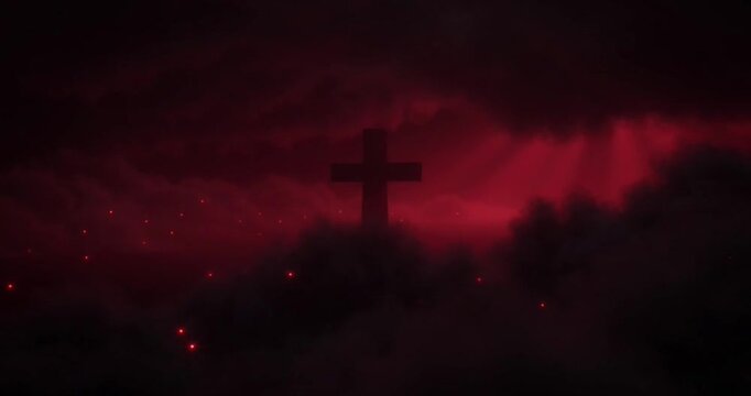 Glowing religious cross stands centered amidst dark swirling clouds with radiant crimson light beams piercing through the atmospheric mist in this dramatic cinematic worship motion video