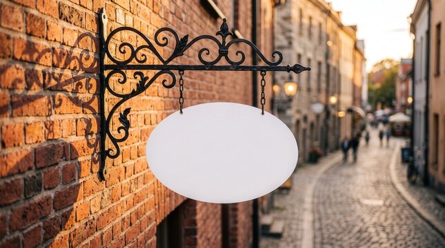 Blank oval shop sign on ornate wrought iron bracket on red brick wall, old town street background, storefront mockup for boutique branding