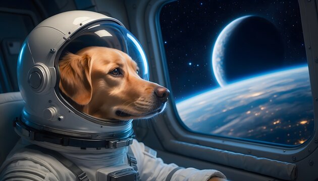 Perro con traje espacial mirando por la ventana de una nave hacia la Tierra y un planeta en el espacio
