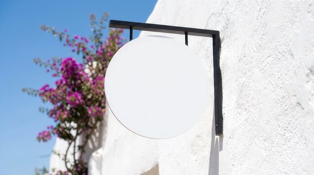 Round White Blank Signage Mockup hanging on White Textured Wall with Purple Flowers for Mediterranean Style Cafe or Boutique Storefront Branding