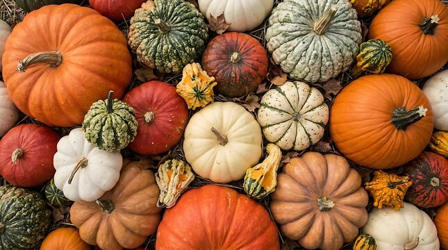 Assorted pumpkins and gourds for autumnal decoration and seasonal display