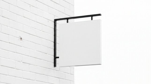 Blank Square Hanging Sign Mockup on White Brick Wall with Black Metal Bracket for Storefront Branding and Logo Display