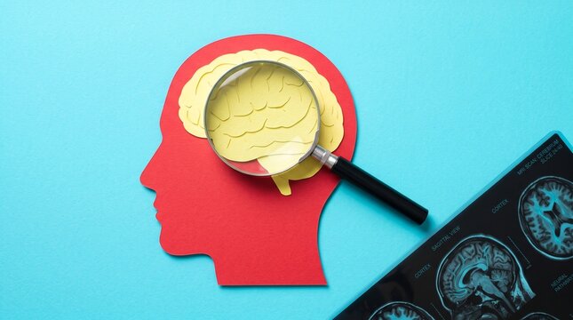 Magnifying glass held over yellow paper brain cutout on red human head profile shape against bright blue surface flat background