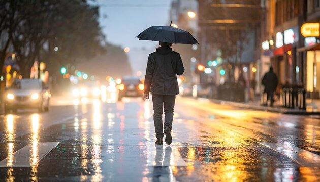 Persona caminando con paraguas por una calle urbana mojada bajo la lluvia y luces nocturnas reflejadas en el asfalto
