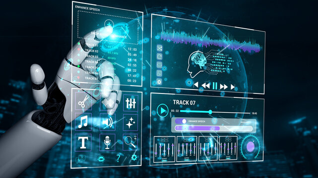 Futuristic Robot Hand Interacting with Digital Audio Interface in a High-Tech Environment. Sentient.