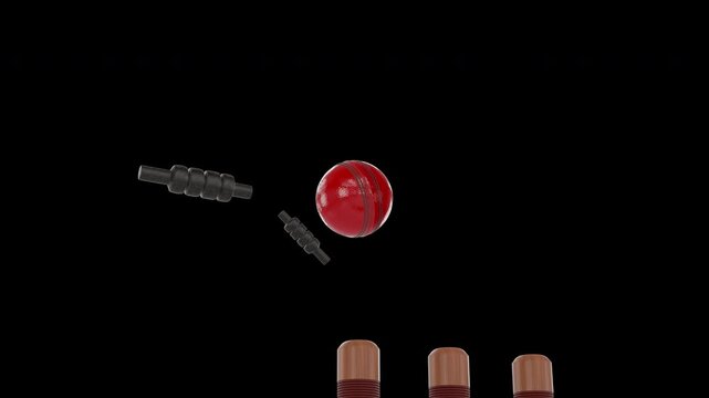 Red Cricket Ball Rotating Collision with Stumps and Bails  Transparent Background Animation